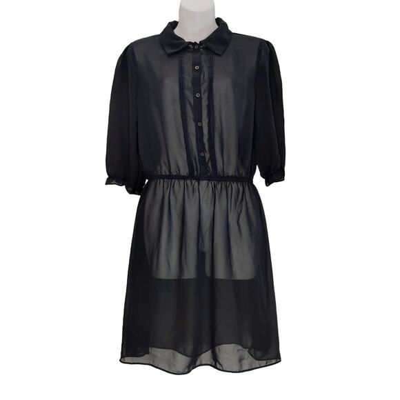 Kardashian Kollection Mini Shirt Dress Button Down Sheer Collared Black Womens L - Picture 1 of 8
